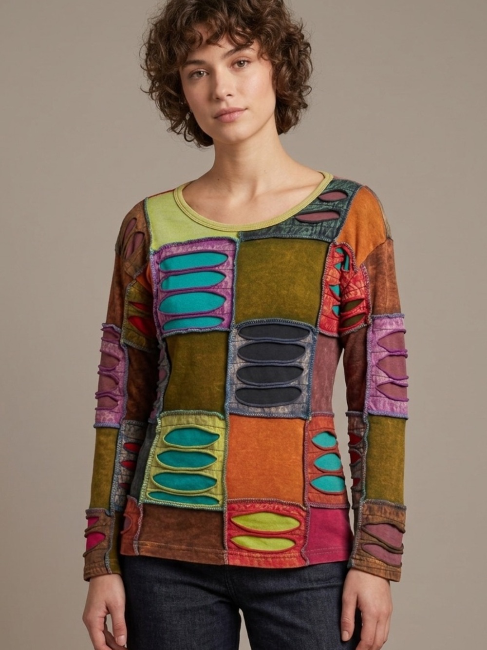 Rising International Sz S Patchwork Boho Long Sleeves Colorful Top